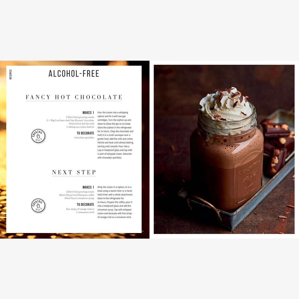 An interior spread on non-alcoholic drinks, focusing on a luxurious hot chocolate